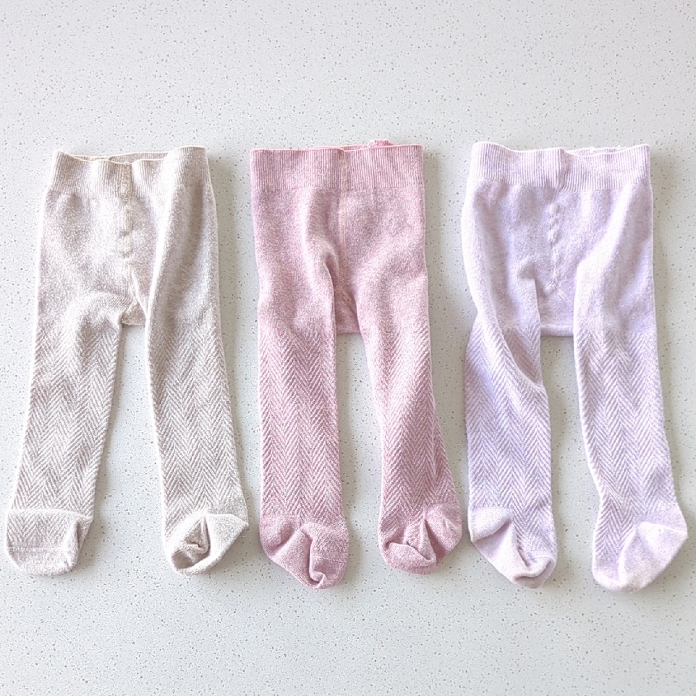 Set Of 3 - Beige And Pink Knit Tights 6-12 Months